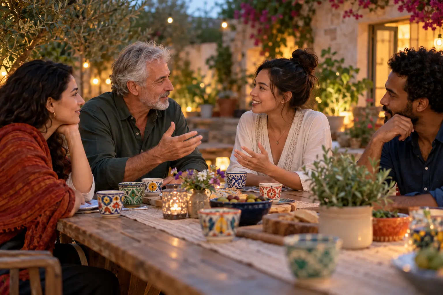Scène illustrative d'adultes partageant une conversation communautaire paisible